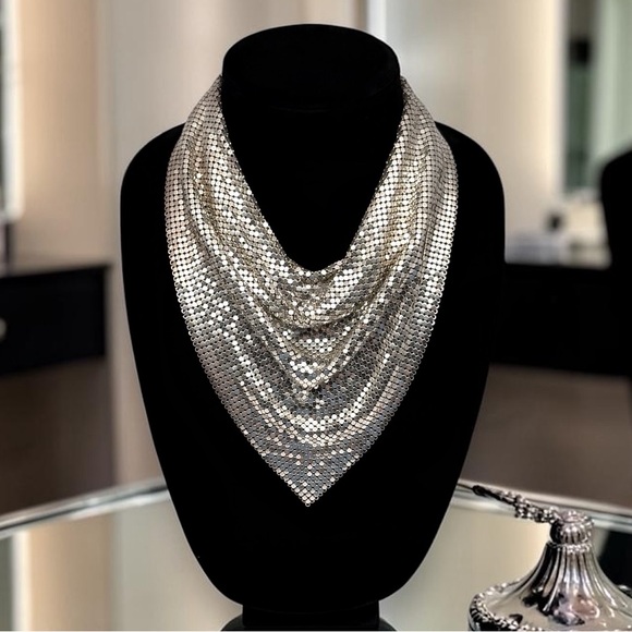 Whiting & Davis Jewelry - Vintage Whiting & Davis Silver Mesh Bib Necklace Draped Scarf Statement Piece